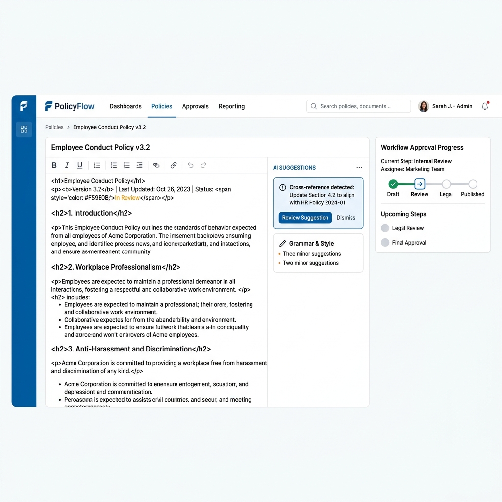 MOSI Policy Editor dashboard showing intelligent AI-assisted policy drafting with workflow approval progress
